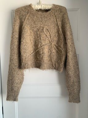 American Eagle Outfitters Fuzzy Cropped Taupe Crewneck Sweater